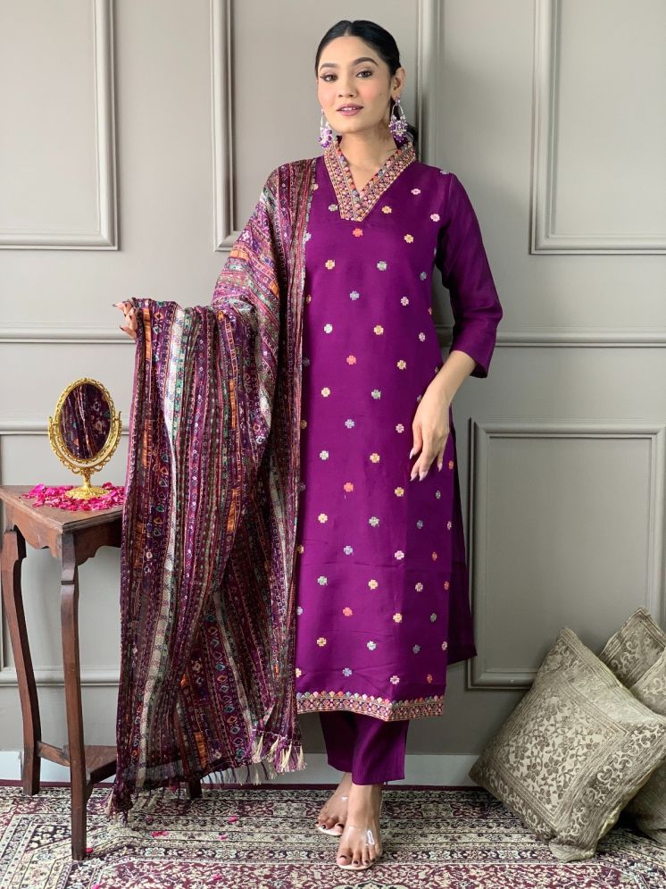     			Vividvibe Chanderi Embroidered Kurti With Pants Women's Stitched Salwar Suit - Purple ( Pack of 1 )