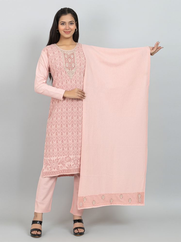     			woolkart Woollen Embroidered Kurti With Pants Women's Stitched Salwar Suit - Pink ( Pack of 1 )