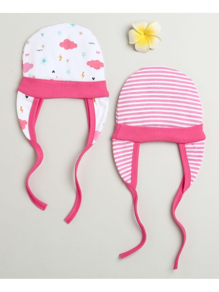     			BUMZEE Pink & White Baby Girls Ear Flap Tying Cap Pack Of 2 Age - 0-3 Months