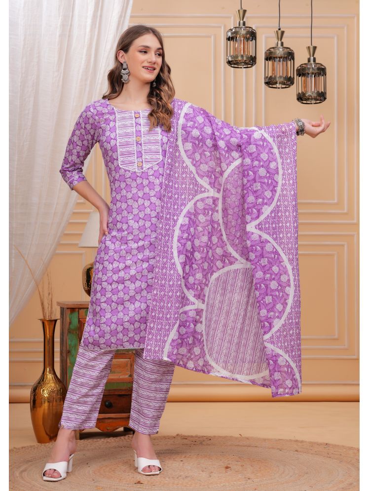     			Jyoti Cotton Printed Kurti With Pants Women's Stitched Salwar Suit - Purple ( Pack of 1 )