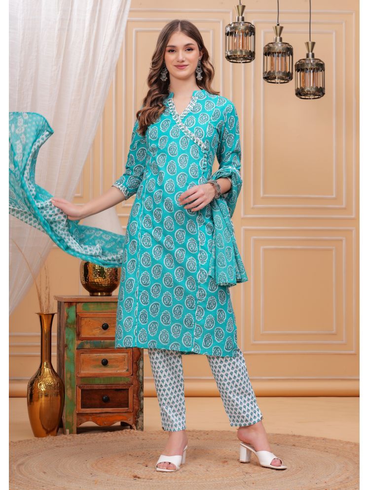     			Jyoti Cotton Printed Kurti With Pants Women's Stitched Salwar Suit - Blue ( Pack of 1 )