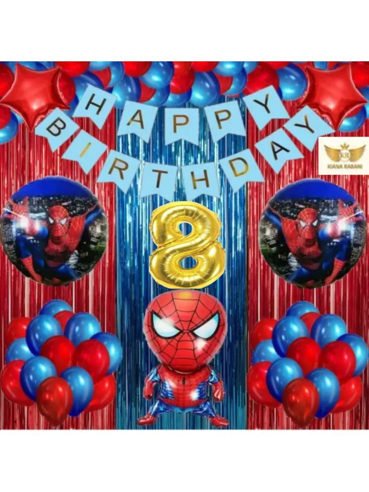     			KR 8TH HAPPY BIRTHDAY PARTY ( CELEBRATION ) DECORATION WITH HAPPY BIRTHDAY BLUE BANNER, 15 RED 15 BLUE BALLOON, 1 SPIDERMAN, 2 RUOND FOIL BALLOON, 2 STAR, 2 RED 1 BLUE CURTAIN 1 ARCH 8 NO GOLD FOIL BALLOON