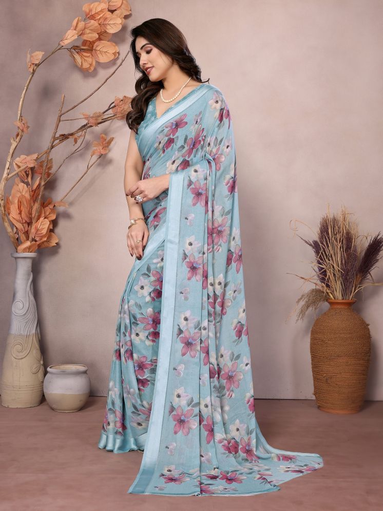     			Gazal Fashions Pack of 1 Satin Printed Saree With Blouse Piece ( SkyBlue )