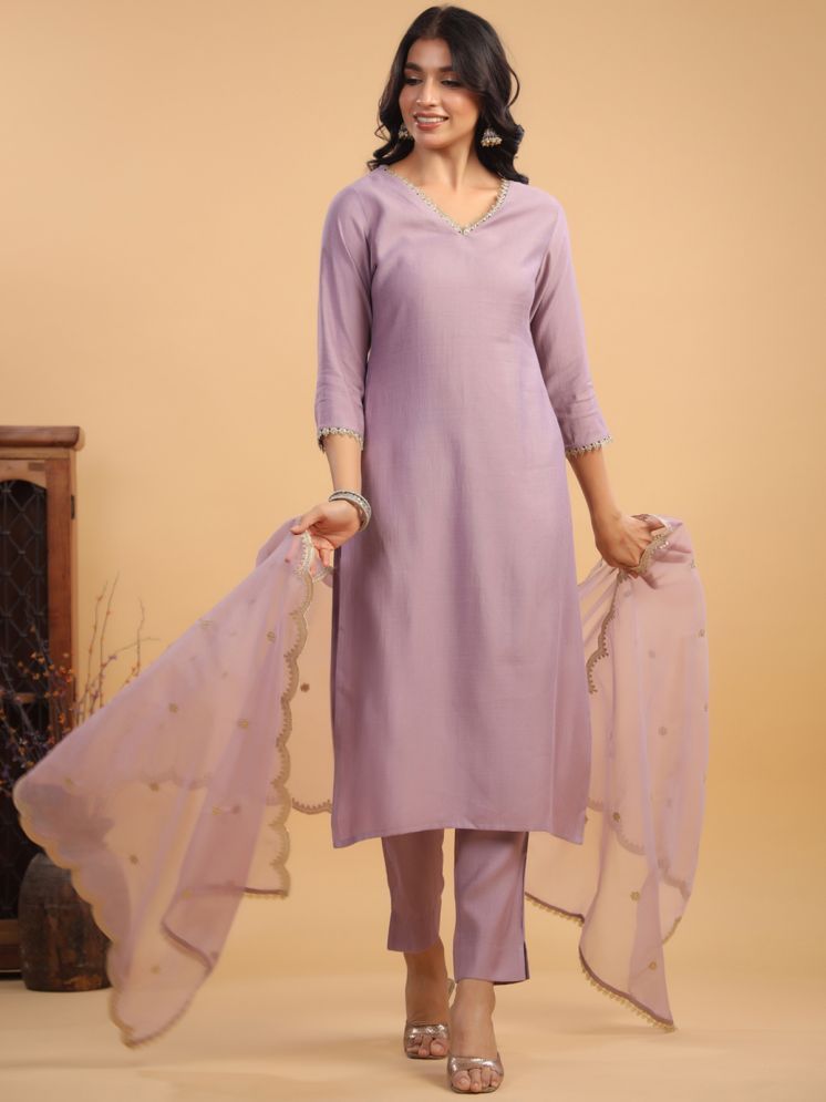     			Janasya Chanderi Solid Kurti With Pants Women's Stitched Salwar Suit - Lavender ( Pack of 1 )