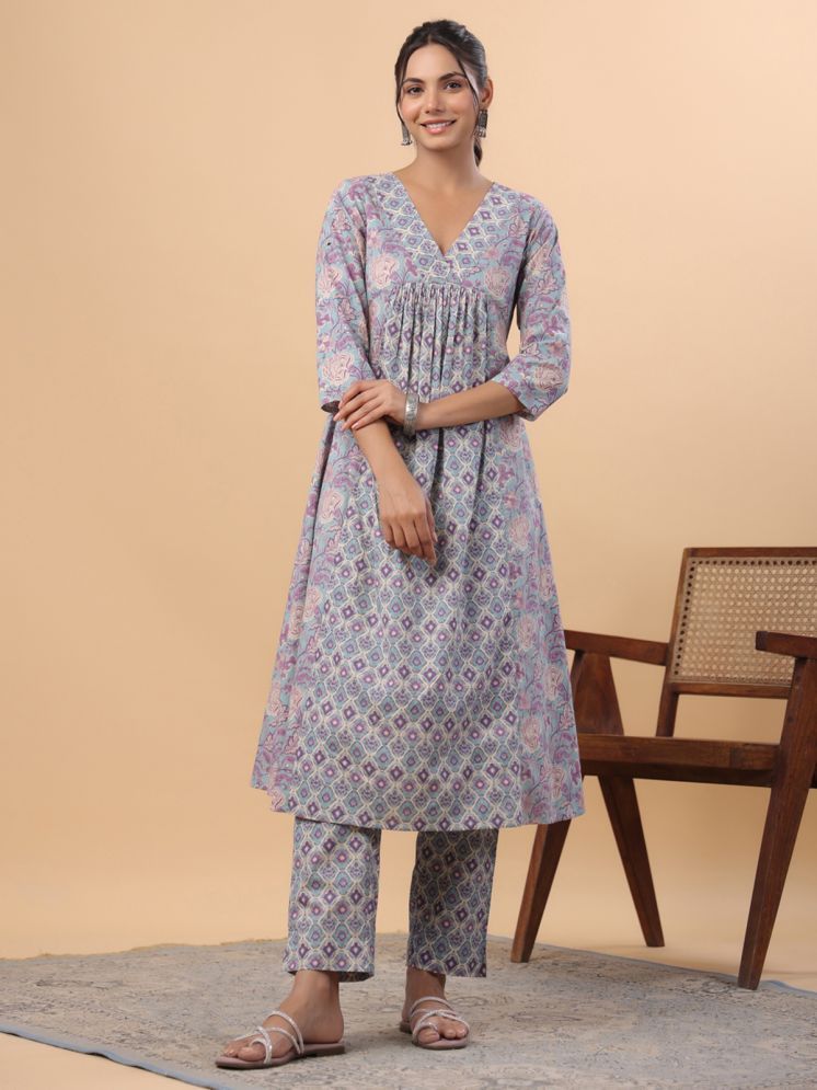     			Janasya Cotton Printed Kurti With Pants Women's Stitched Salwar Suit - Light Blue ( Pack of 1 )