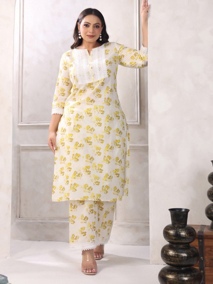     			Janasya Cotton Printed Kurti With Palazzo Women's Stitched Salwar Suit - Off White ( Pack of 1 )