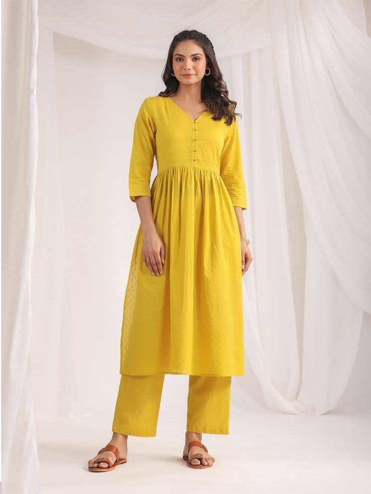     			Janasya Cotton Self Design Kurti With Pants Women's Stitched Salwar Suit - Yellow ( Pack of 1 )