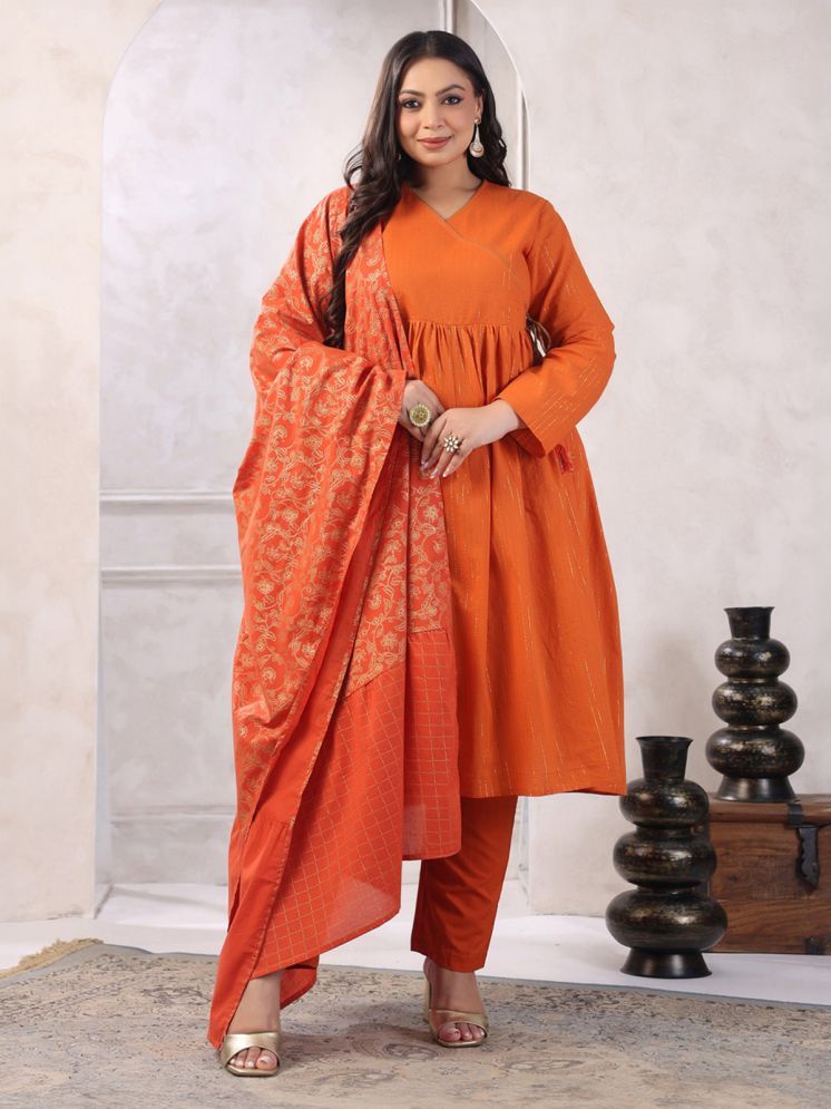     			Janasya Cotton Striped Kurti With Pants Women's Stitched Salwar Suit - Orange ( Pack of 1 )