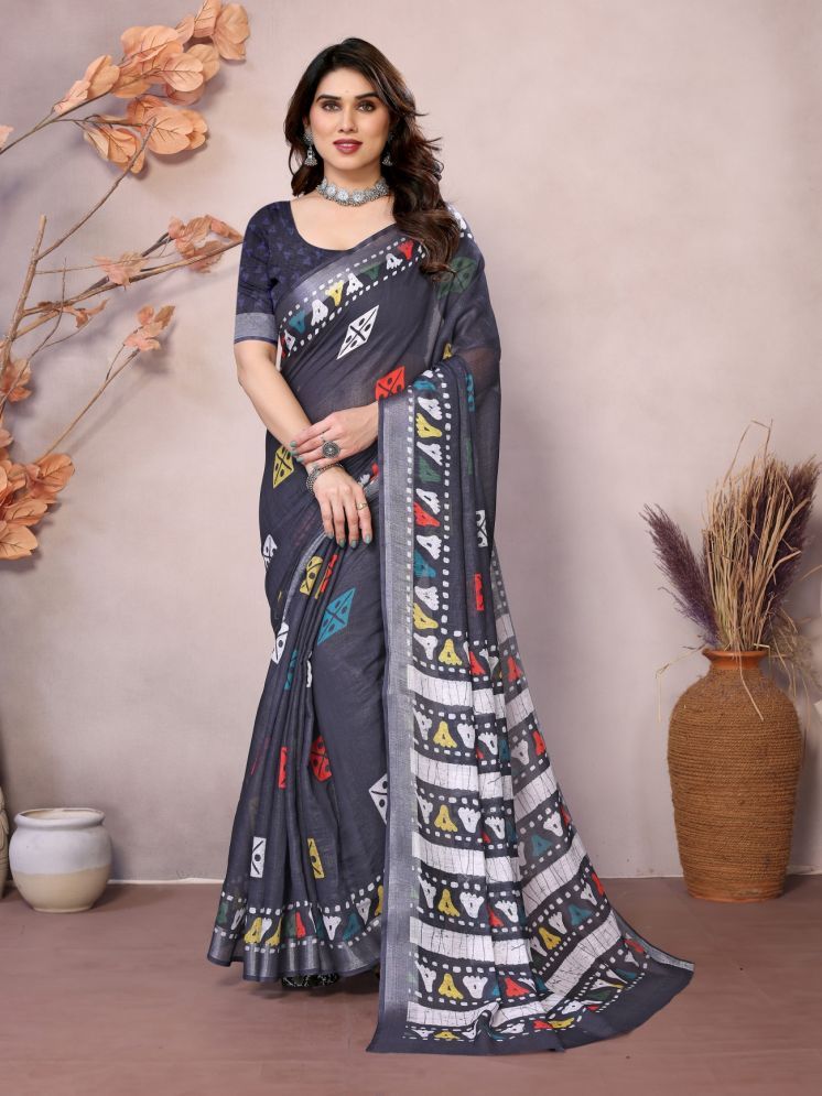     			NightBlue Pack of 1 Linen Printed Saree With Blouse Piece ( Black )