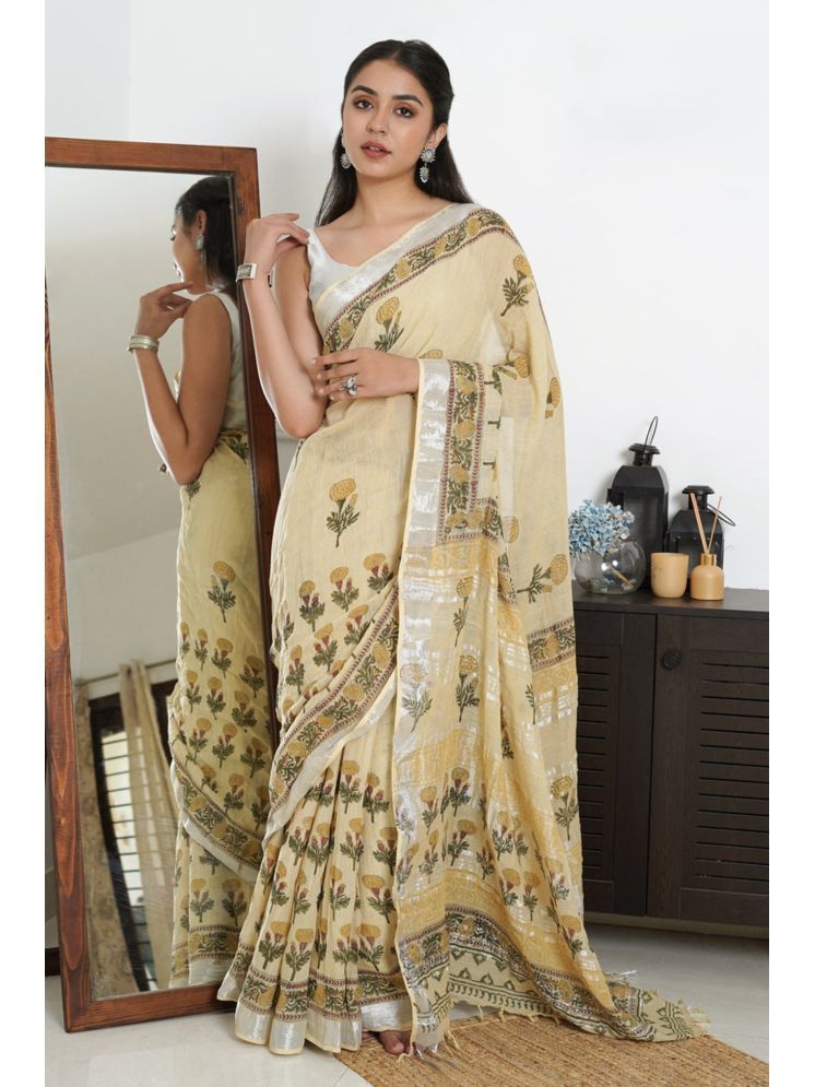     			NightBlue Pack of 1 Linen Printed Saree With Blouse Piece ( Beige )