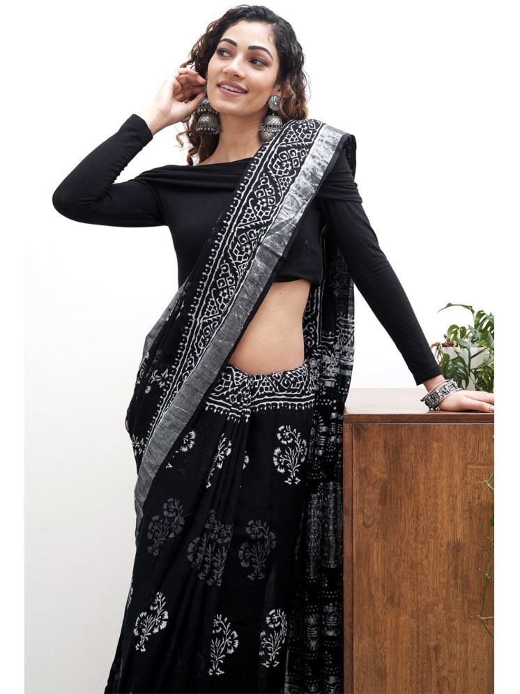     			NightBlue Pack of 1 Linen Printed Saree With Blouse Piece ( Black )