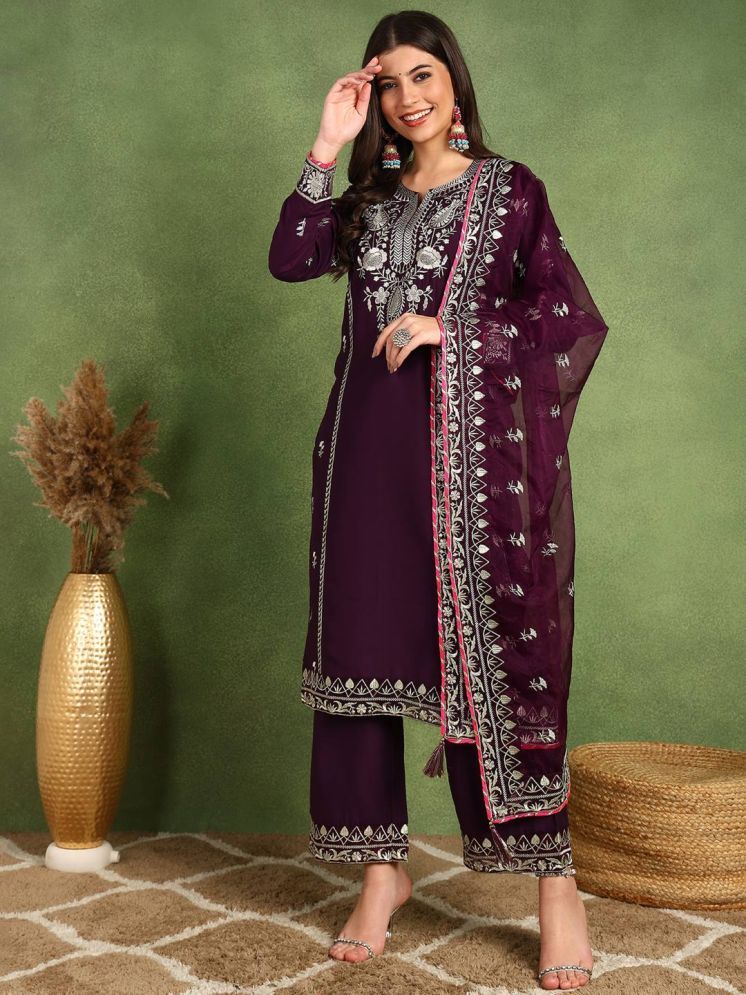     			Vaamsi Silk Blend Embroidered Kurti With Palazzo Women's Stitched Salwar Suit - Purple ( Pack of 1 )