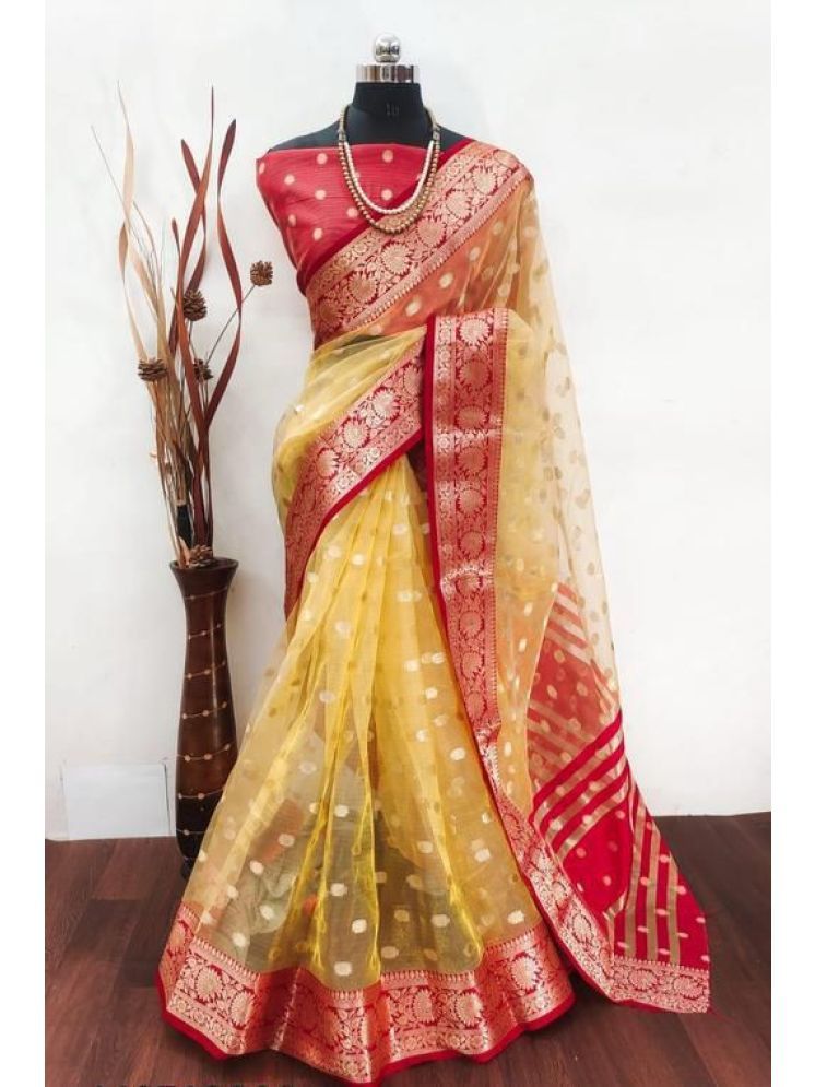     			A TO Z CART Pack of 1 Organza Embellished Saree With Blouse Piece ( Yellow )