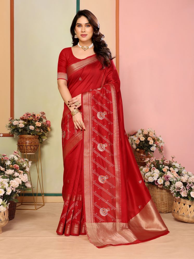     			Sidhidata Pack of 1 Banarasi Silk Embroidered Saree With Blouse Piece ( Red )