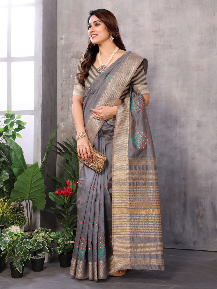     			Sidhidata Pack of 1 Cotton Silk Embroidered Saree With Blouse Piece ( Grey )