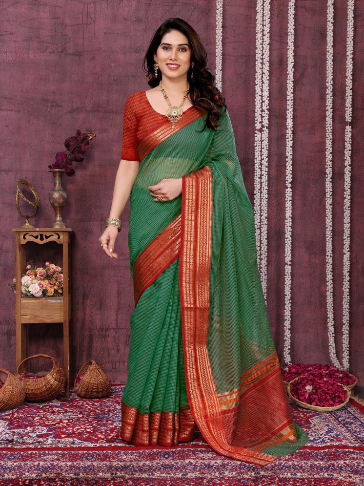     			Sidhidata Pack of 1 Cotton Blend Checks Saree With Blouse Piece ( Green )