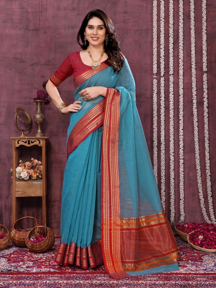     			Sidhidata Pack of 1 Cotton Blend Checks Saree With Blouse Piece ( Rama )