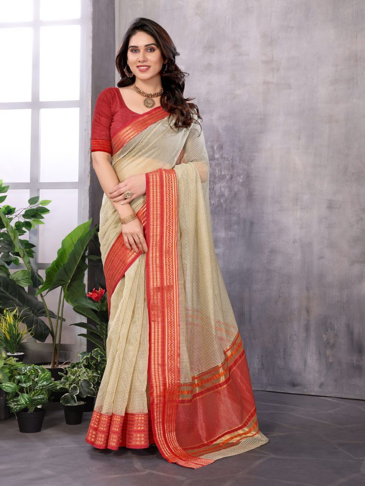     			Sidhidata Pack of 1 Cotton Blend Checks Saree With Blouse Piece ( Cream )