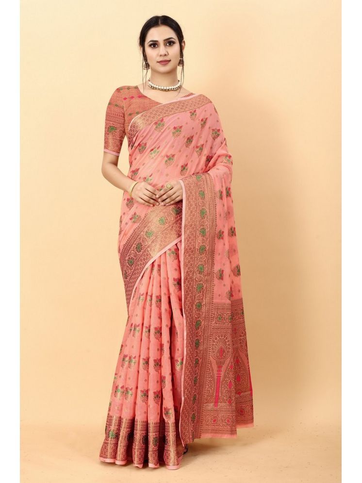     			Varni Fabrics Pack of 1 Cotton Silk Printed Saree With Blouse Piece ( Peach )