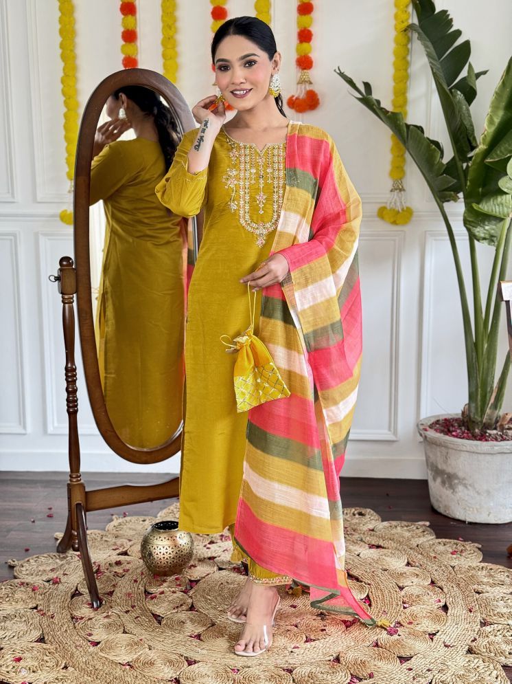     			Vividvibe Chanderi Embroidered Kurti With Pants Women's Stitched Salwar Suit - Yellow ( Pack of 1 )