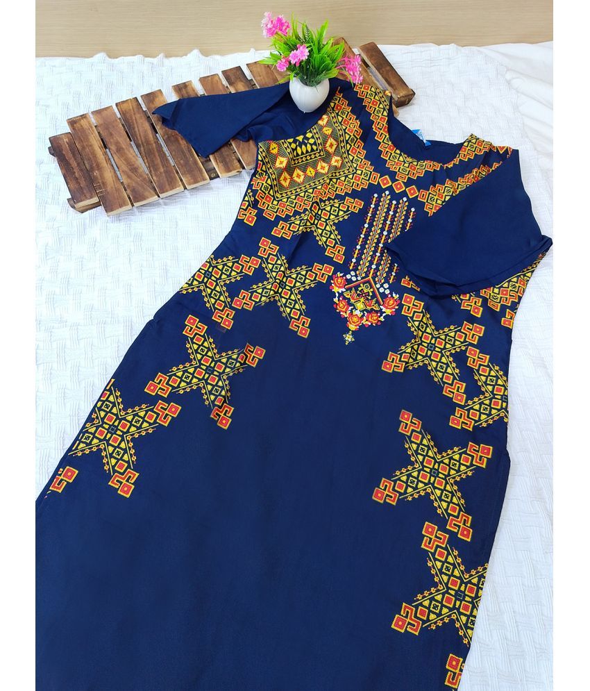     			Ethnicbasket Pack of 1 Crepe Printed Straight Women's Kurti - ( Navy Blue )