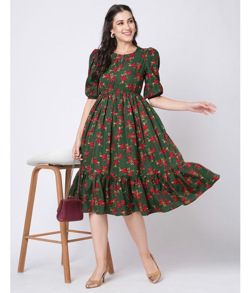     			Selvia Crepe Printed Midi Women's Fit & Flare Dress - Green ( Pack of 1 )