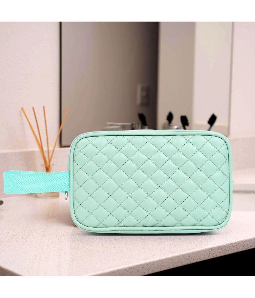     			ASTUTE Quilted Travel Makeup Cosmetic Pouch Large Pouch with Strap Green