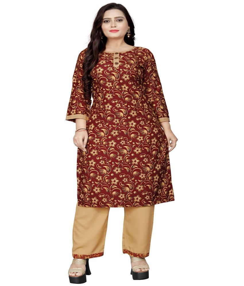     			HARPITA Rayon Printed Kurti With Pants Women's Stitched Salwar Suit - Maroon ( Pack of 1 )