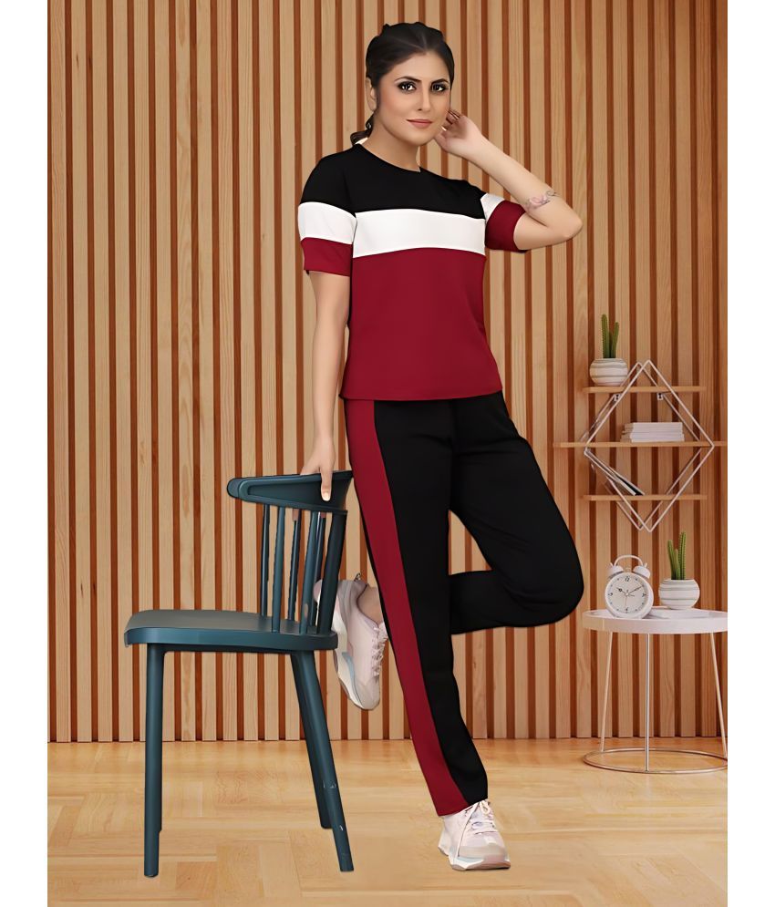     			CUBIQ Maroon Cotton Blend Striped Tracksuit - Pack of 1