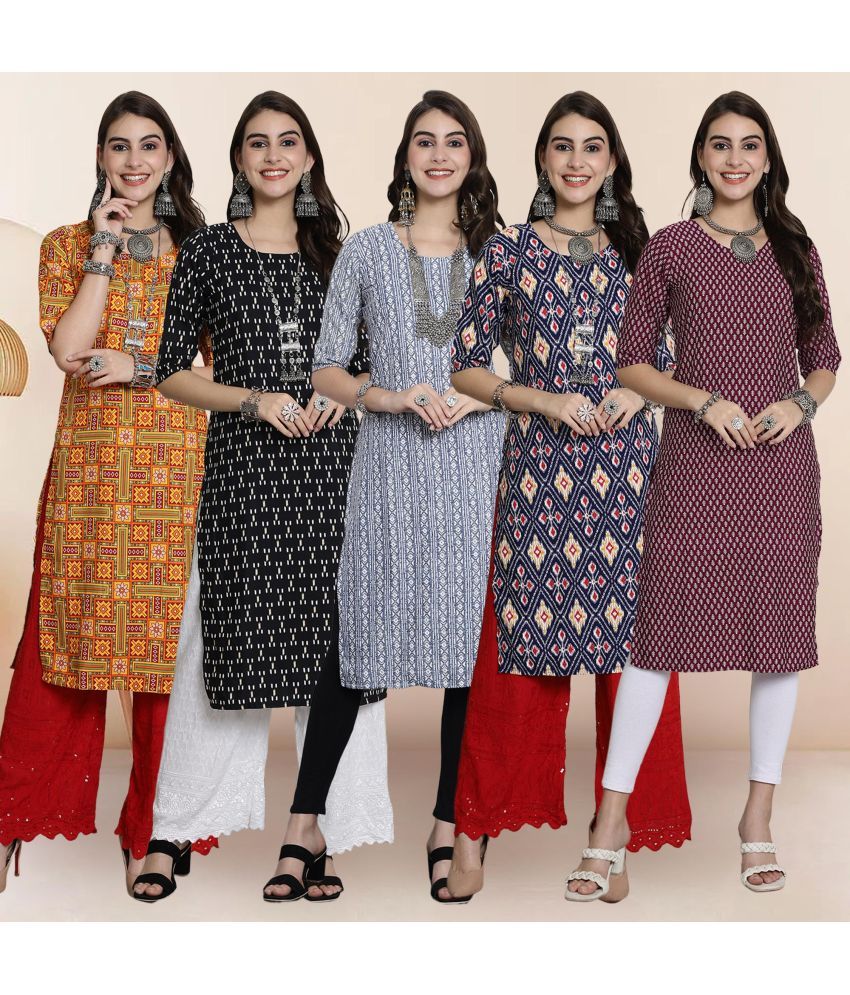     			1 Stop Fashion Pack of 5 Crepe Printed Straight Women's Kurti - ( Multicolor )