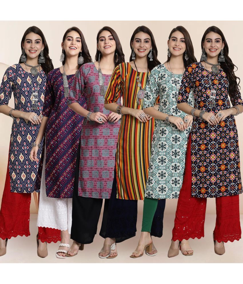     			1 Stop Fashion Pack of 6 Crepe Printed Straight Women's Kurti - ( Multicolor1 )