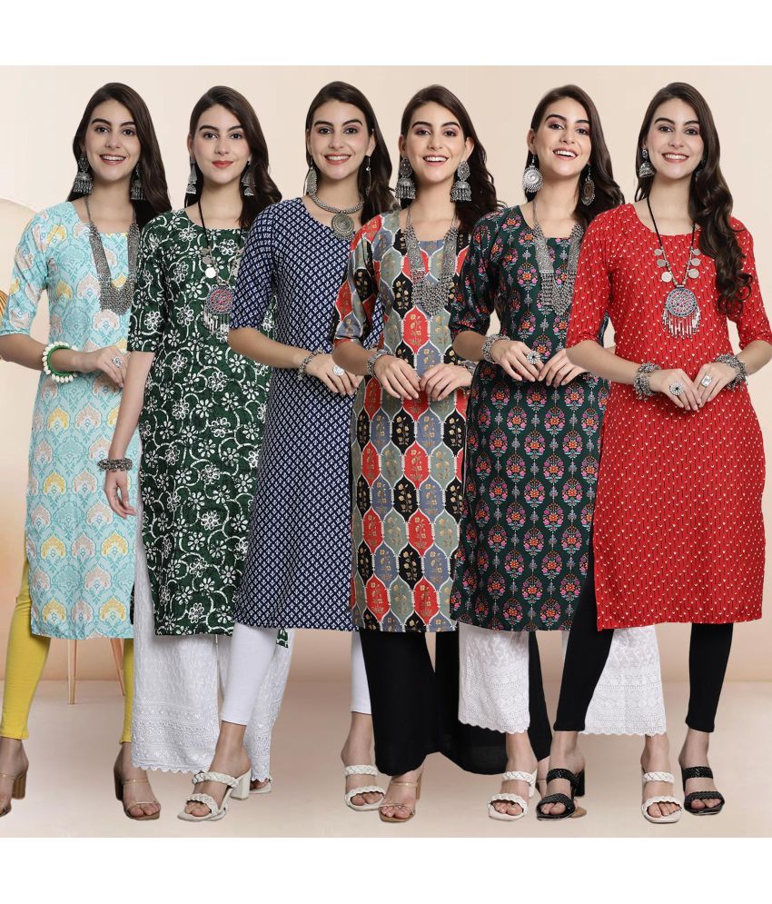     			1 Stop Fashion Pack of 6 Crepe Printed Straight Women's Kurti - ( Multicolor4 )