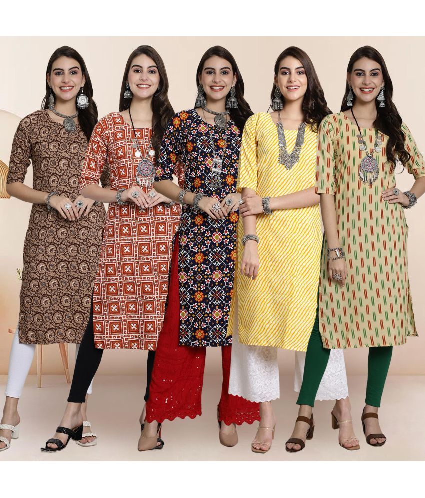     			1 Stop Fashion Pack of 5 Crepe Printed Straight Women's Kurti - ( Multicolor1 )