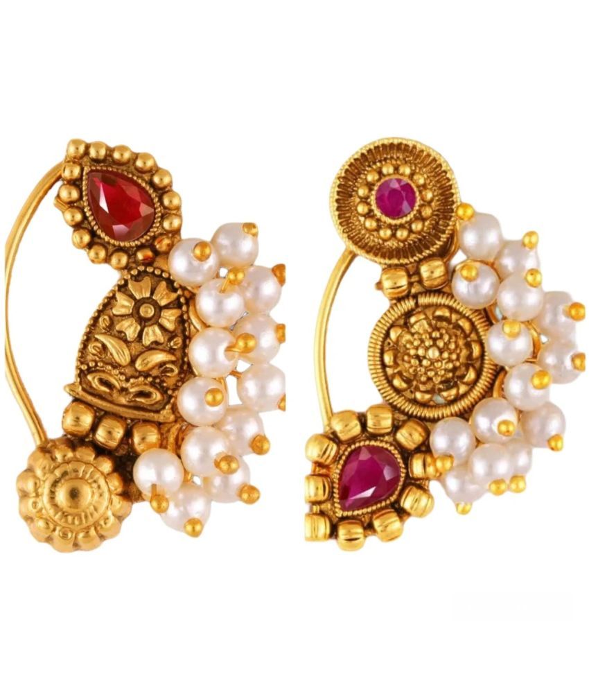     			Vivastri"s Premium & Unique Pearl Beaded White Moti Studded Gold Plated Alloy Colourfull Nosepin For Women & Girls-VIVA1168-1176NTH-Press-Red