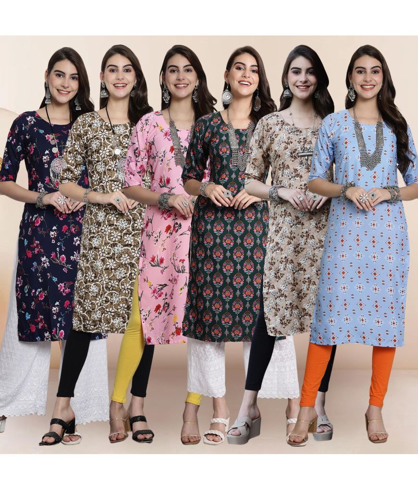     			1 Stop Fashion Pack of 6 Crepe Printed Straight Women's Kurti - ( Multicolor )