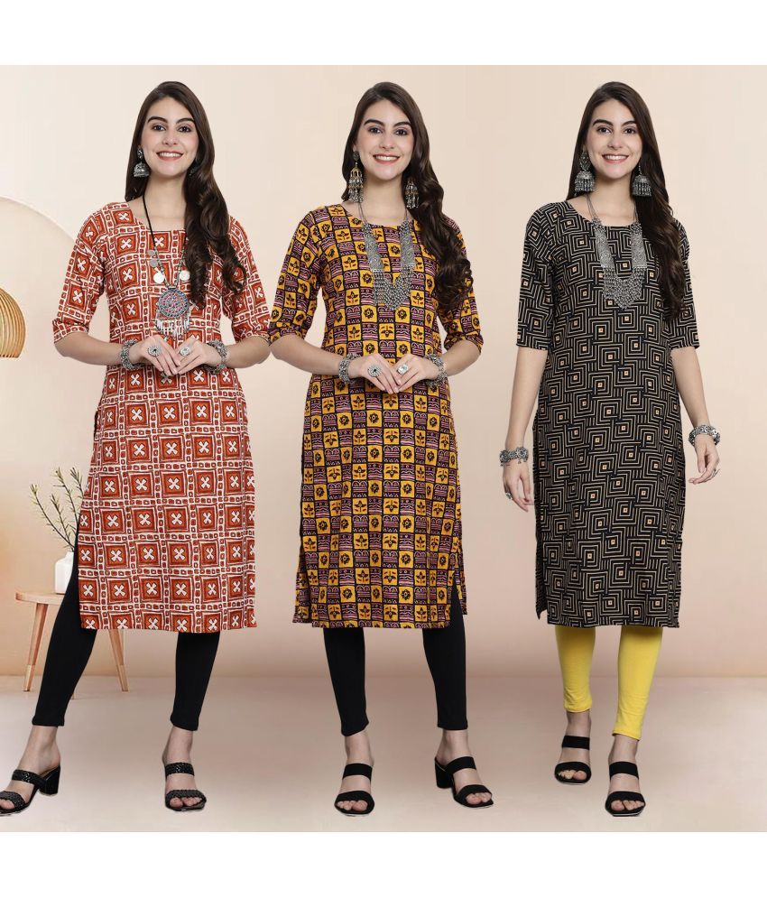     			1 Stop Fashion Pack of 3 Crepe Printed Straight Women's Kurti - ( Multicolor3 )