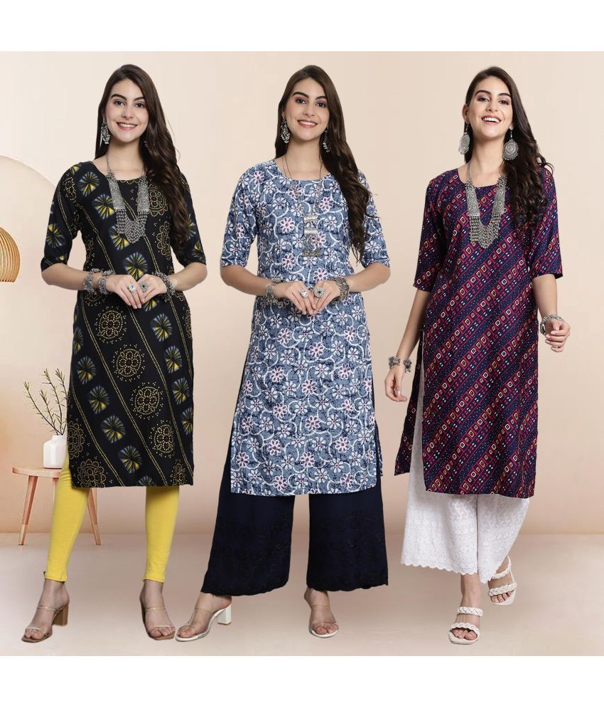     			1 Stop Fashion Pack of 3 Crepe Printed Straight Women's Kurti - ( Multicolor2 )