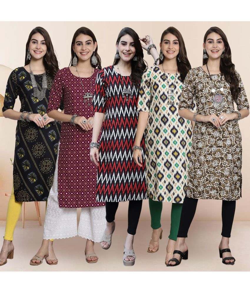     			1 Stop Fashion Pack of 5 Crepe Printed Straight Women's Kurti - ( Multicolor4 )