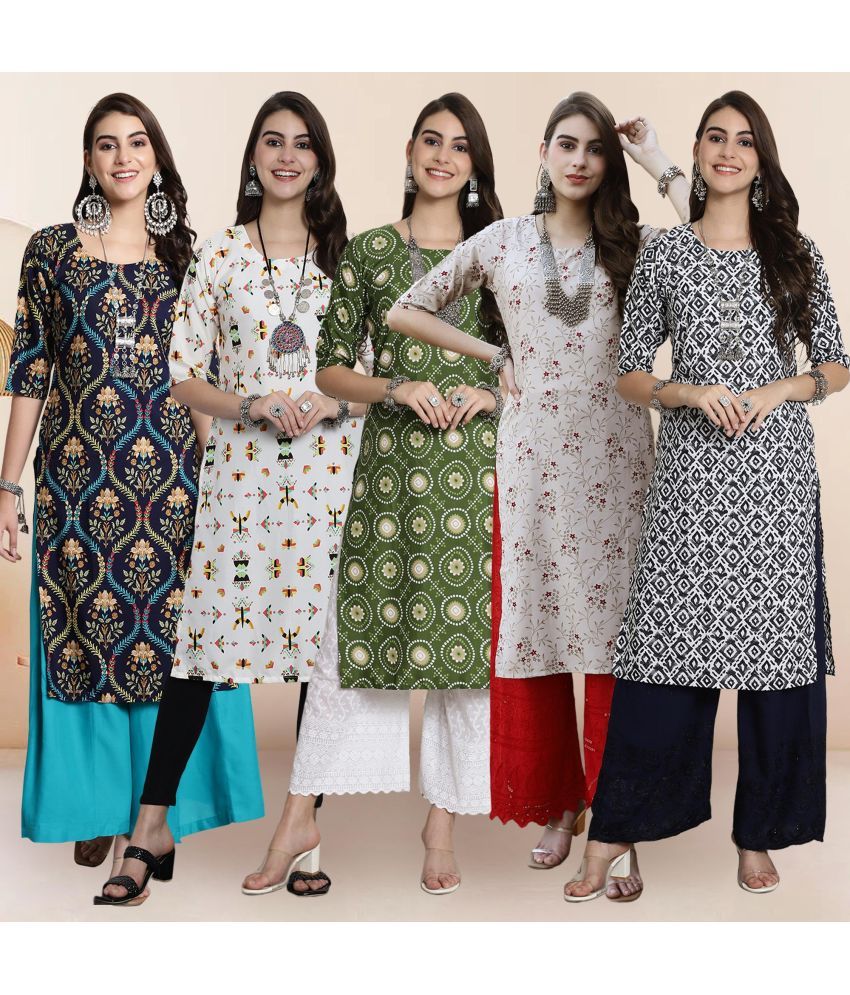     			Ethnicbasket Pack of 5 Crepe Printed Straight Women's Kurti - ( Multicolor2 )