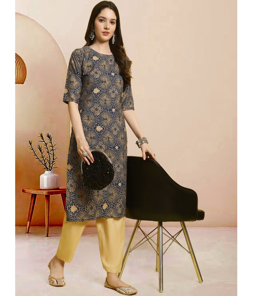     			Ethnicbasket Pack of 1 Crepe Printed Straight Women's Kurti - ( Blue )