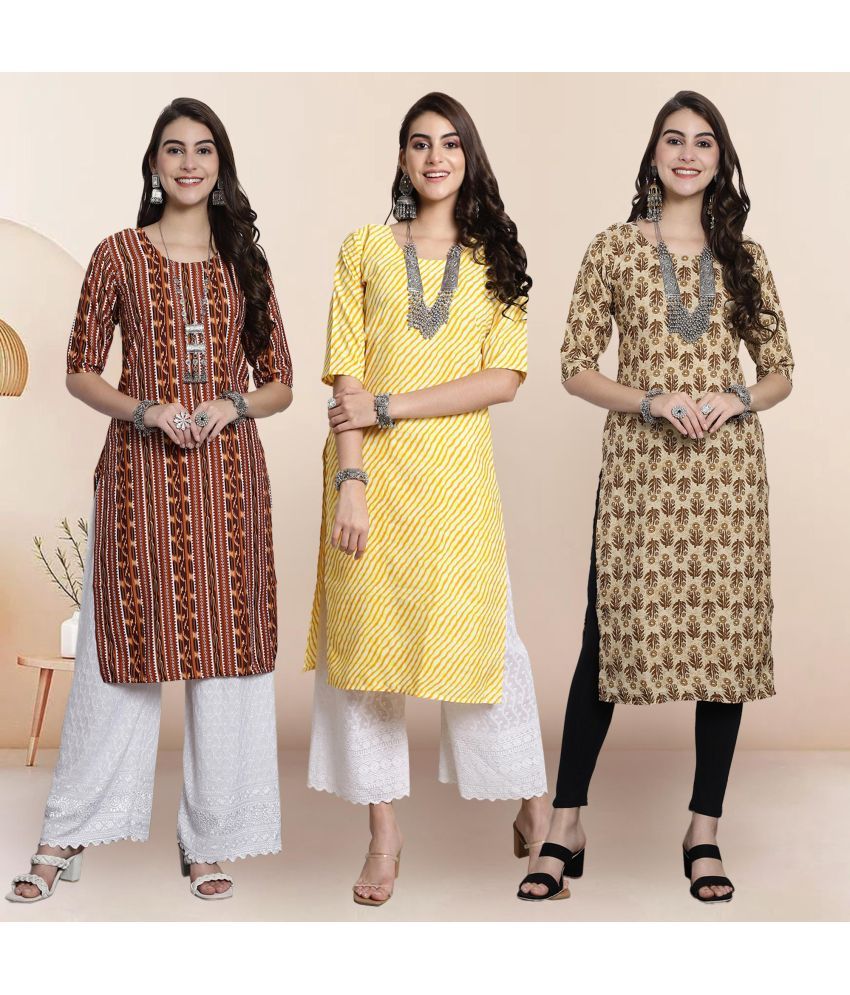     			Ethnicbasket Pack of 3 Crepe Printed Straight Women's Kurti - ( Multicolor1 )