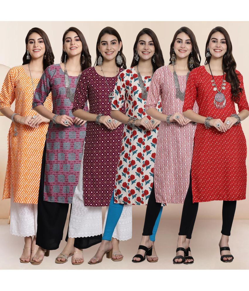     			Ethnicbasket Pack of 6 Crepe Printed Straight Women's Kurti - ( Multicolor2 )