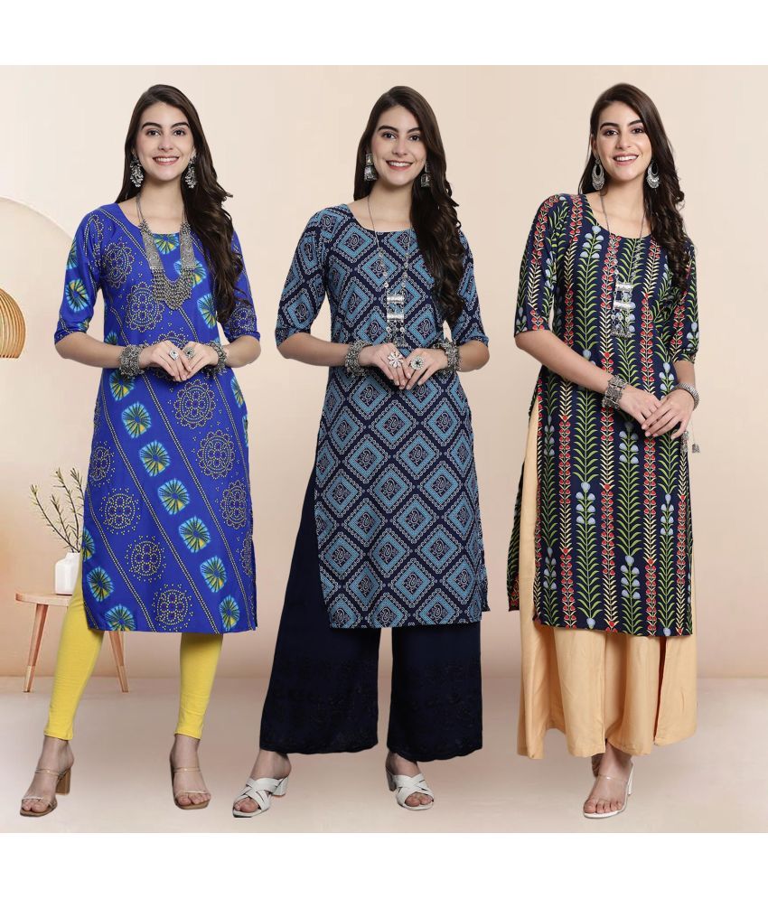     			Ethnicbasket Pack of 3 Crepe Printed Straight Women's Kurti - ( Multicolor1 )