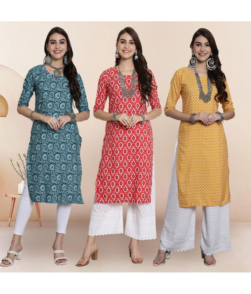     			Ethnicbasket Pack of 3 Crepe Printed Straight Women's Kurti - ( Multicolor4 )