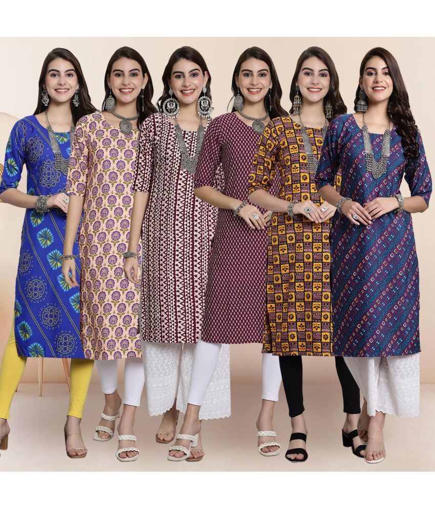     			Ethnicbasket Pack of 6 Crepe Printed Straight Women's Kurti - ( Multicolor3 )