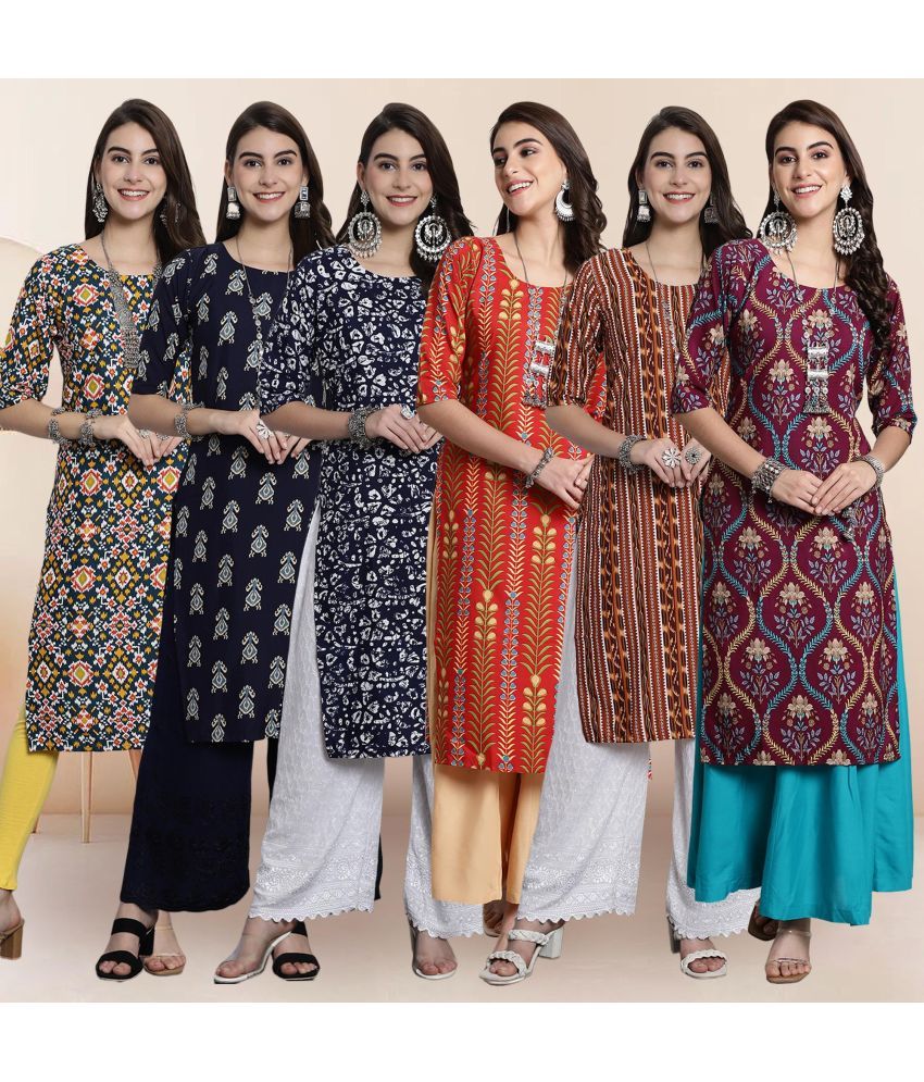     			Ethnicbasket Pack of 6 Crepe Printed Straight Women's Kurti - ( Multicolor2 )