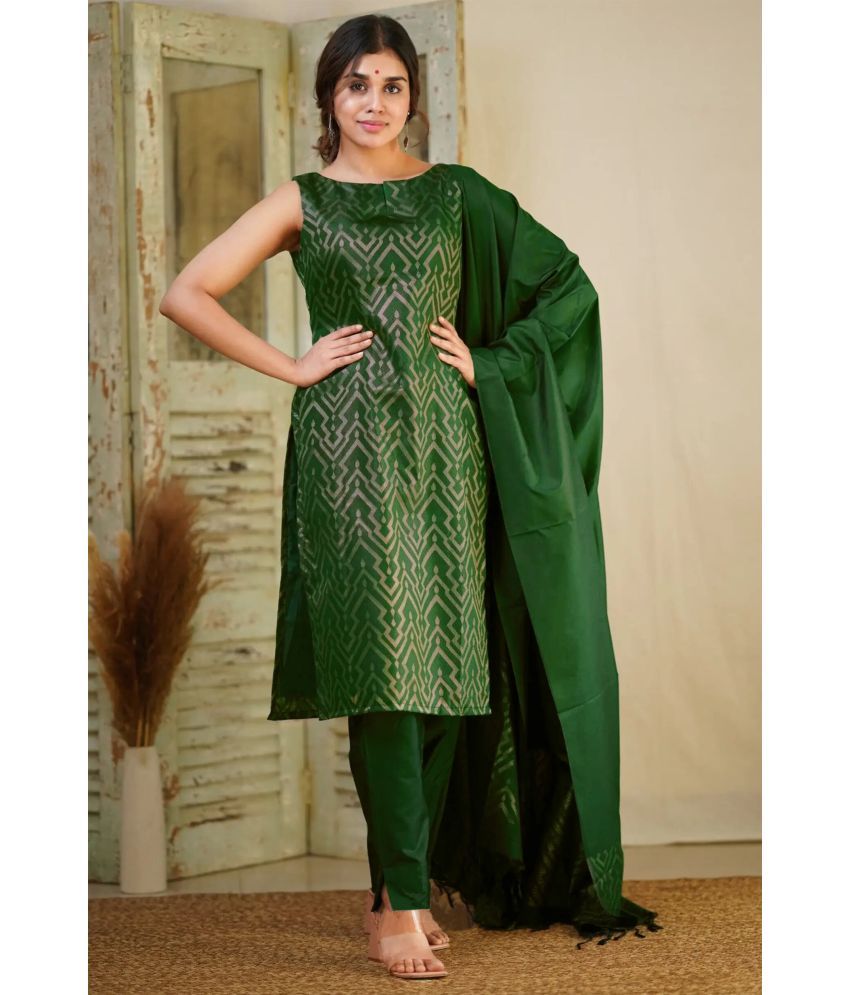     			Trijal Fab Silk Blend Self Design Kurti With Pants Women's Stitched Salwar Suit - Green ( Pack of 1 )