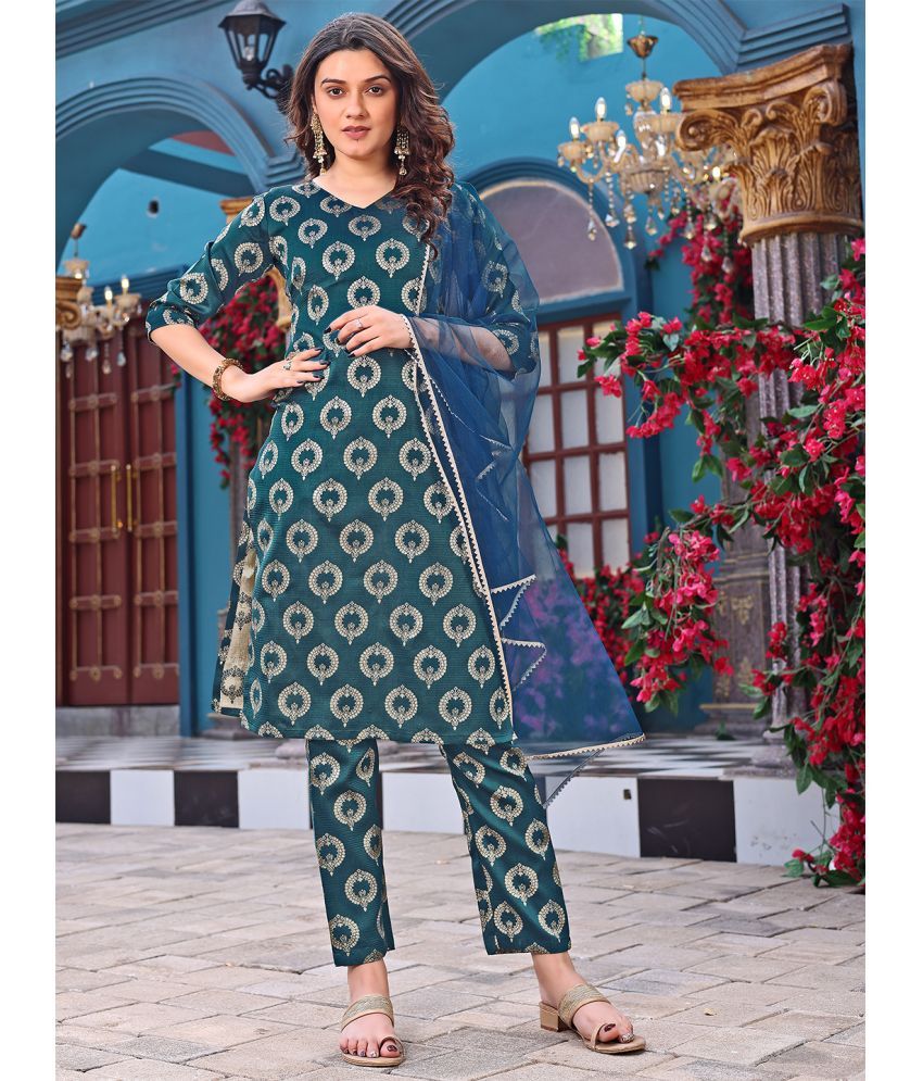     			kedar fab Silk Blend Self Design Kurti With Pants Women's Stitched Salwar Suit - Green ( Pack of 1 )