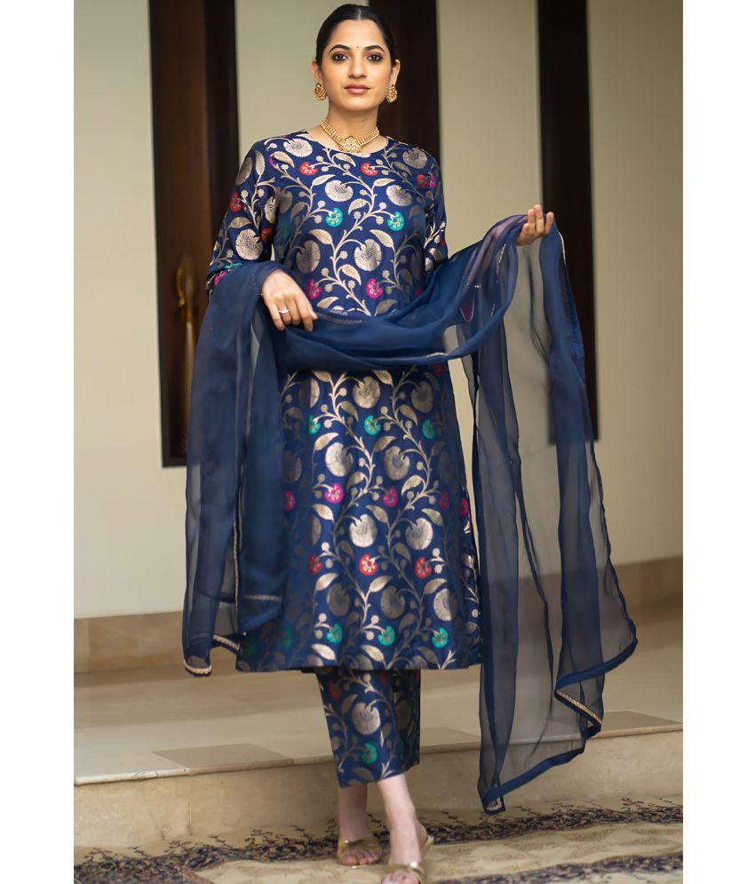     			kedar fab Silk Blend Self Design Kurti With Pants Women's Stitched Salwar Suit - Blue ( Pack of 1 )