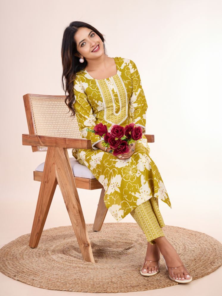     			Women Basket Cotton Blend Printed Kurti With Pants Women's Stitched Salwar Suit - Yellow ( Pack of 1 )